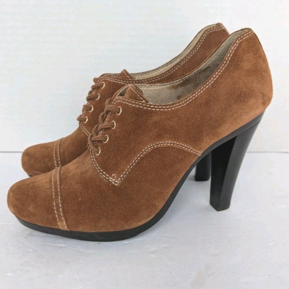 Michael Kors Brown Suede Oxford Stacked Heels Women's Sz 9 Platform Pumps Shoes